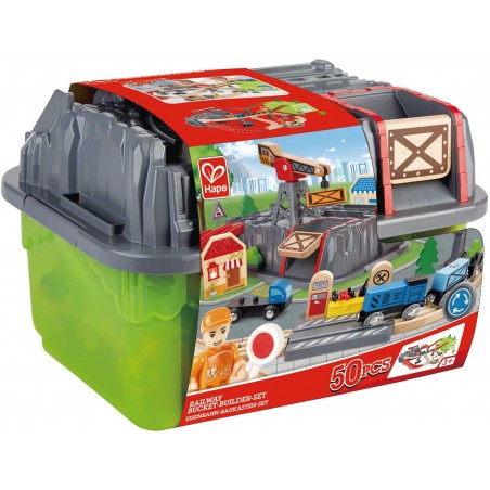 HAPE RAILWAY BUCKET BUILDER SET TRENO  CON PRATICA SCATOLA PORTAOGGETTI 50 PZ