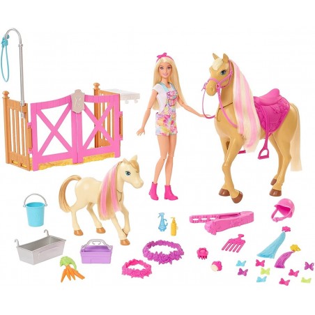BARBIE IL RANCH DI BARBIE CON BARBIE  BIONDA 2 CAVALLI E 20 ACCESSORI MATTEL