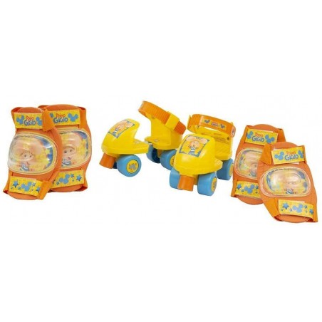 TOPO GIGIO SET PATTINI CON PROTEZIONI ARANCIONE GIALLO AZZURRO GRANDI GIOCHI