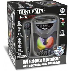CASSA AMPLIFICATORE KARAOKE E MICROFONO  WIRELESS CON EFFETTI LUMINOSI BONTEMPI