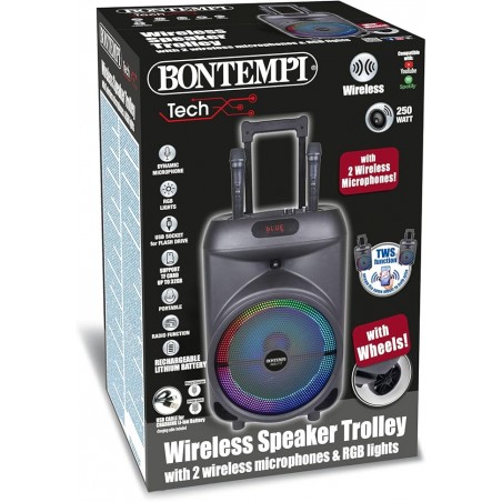 CASSA TROLLEY WIRLESS CON 2 MICROFONI  WIRELESS 250 WATT EFFETTO LUCI BONTEMPI